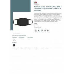 Masque adulte AFNOR PACK DE 5 - Lavable et réutilisable